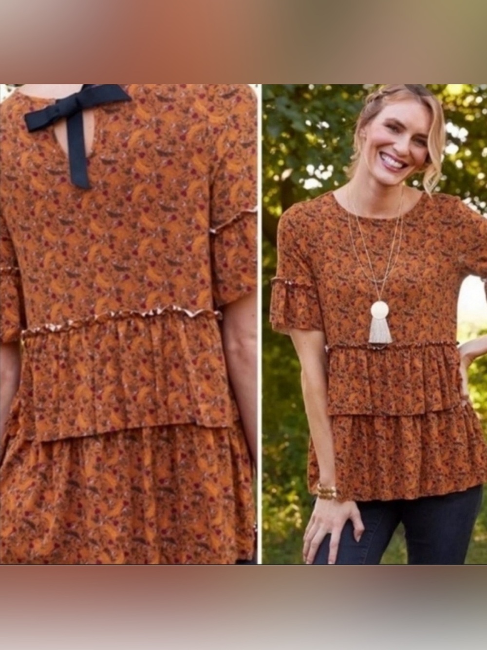 Matilda Jane Give Thanks Tiered Tunic Top Boho Floral Bow Detail Size L